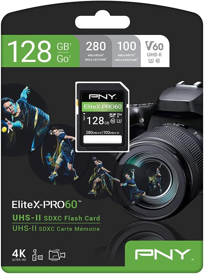 PNY 128GB EliteX-PRO60 Klasse 10 U3 V60 UHS-II SDXC Flash-Speicherkarte 128GB UHS-II EliteX-PRO 60,