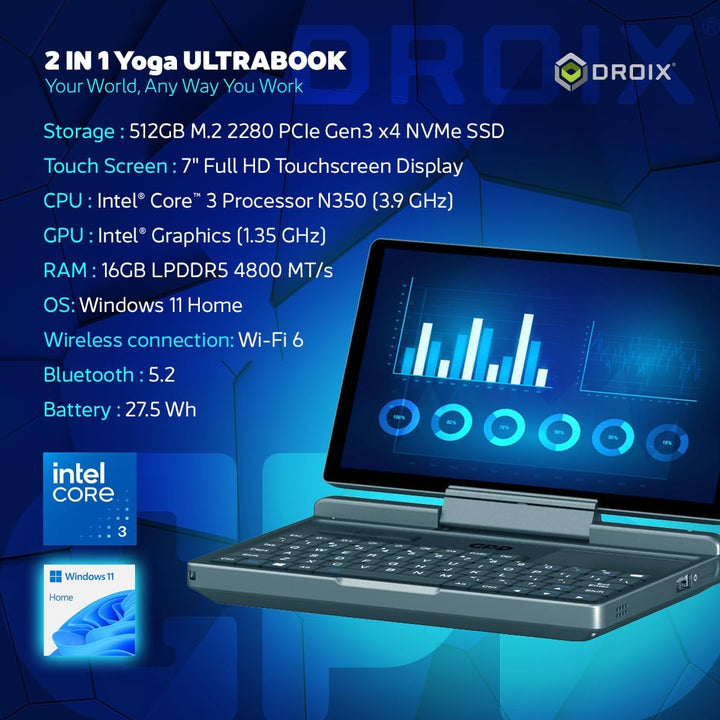 GPD MicroPC 2 | Tragbarer Mini-PC mit 7-Zoll-Display und 1080p-Auflösung | Intel Core 3 N350, UHD Gr