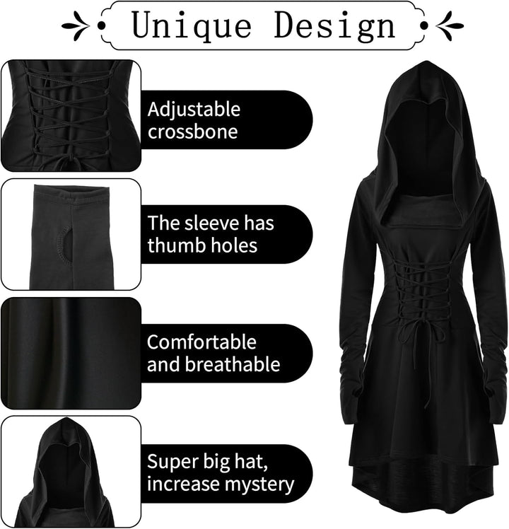 Pianocean Mittelalter Kleidung Damen, Renaissance Kleid, Gothic Kleid，Renaissance Mit Kapuze Langarm