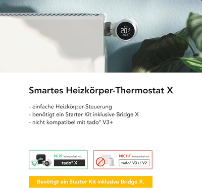 tado° Smartes Heizkörperthermostat X, Heizungssteuerung per App und Smart Speaker (Alexa, Siri, Goog