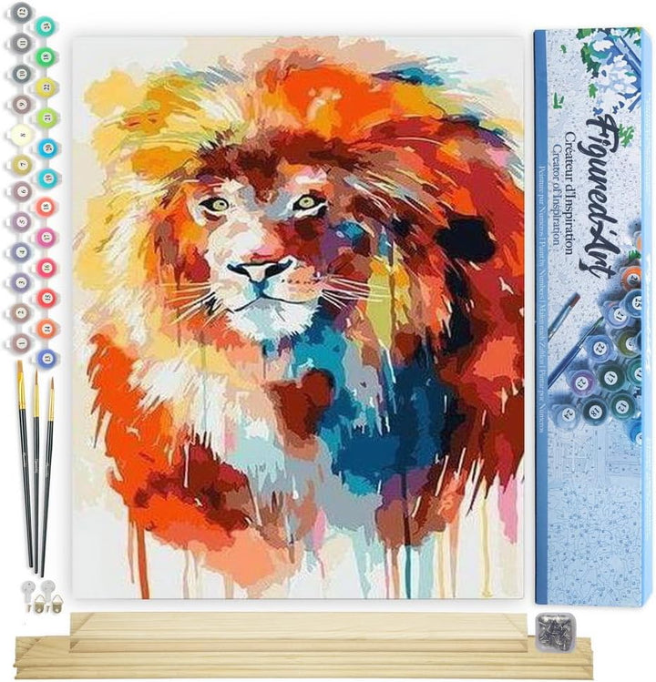 Figured'Art Malen Nach Zahlen Erwachsene Mit Rahmen Bunter Löwe - Paint by Numbers Basteln DIY Baste