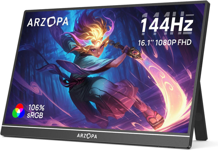 ARZOPA 16.1" 144HZ Portable Monitor, 1920×1080 FHD IPS Tragbarer Monitor für Laptop mit Einstab, Unt