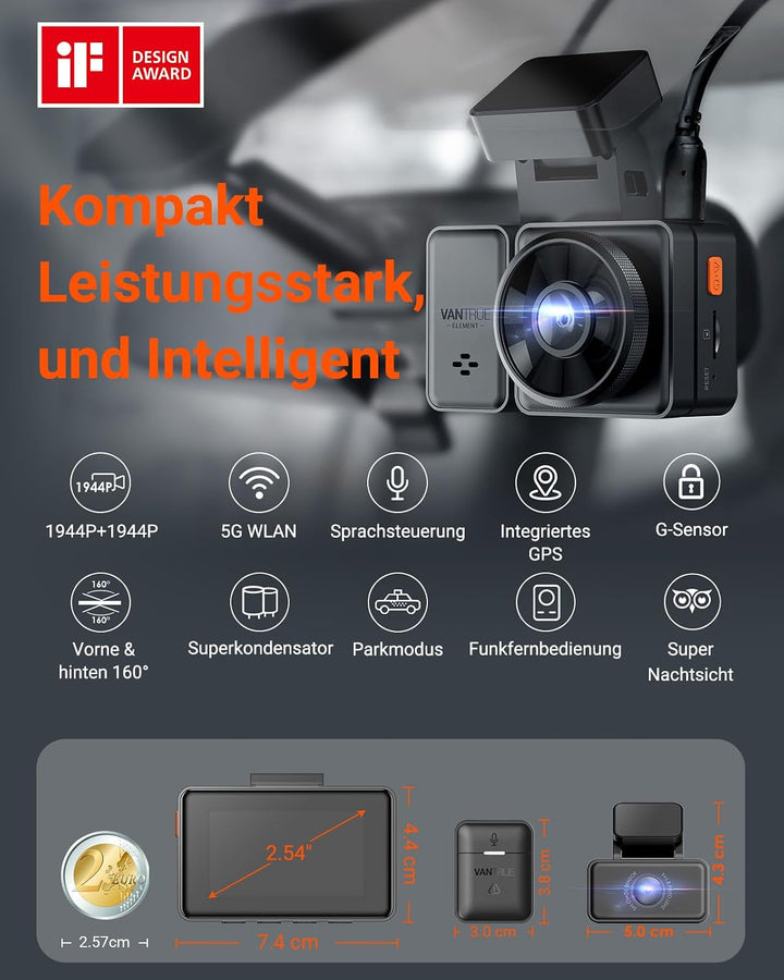 VANTRUE E2 Dual 1944P Dashcam Auto 5GHz WiFi GPS, Wireless- und Sprachgesteuerte Dash Cam vorne hint