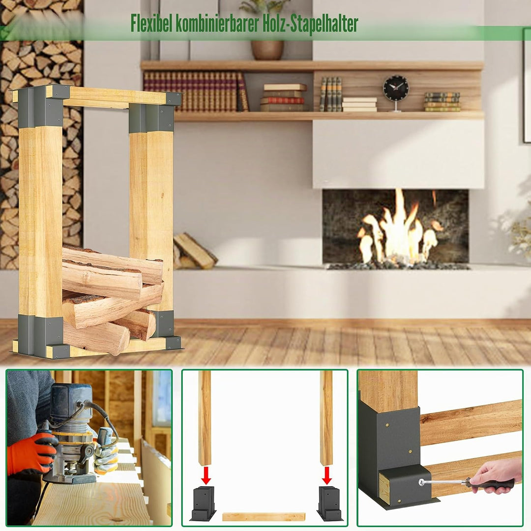 4 Stück Stapelhilfe für Brennholz Stahl Holzstapelhilfe Schwarz Holzlager Holzstapelhalter Verstellb