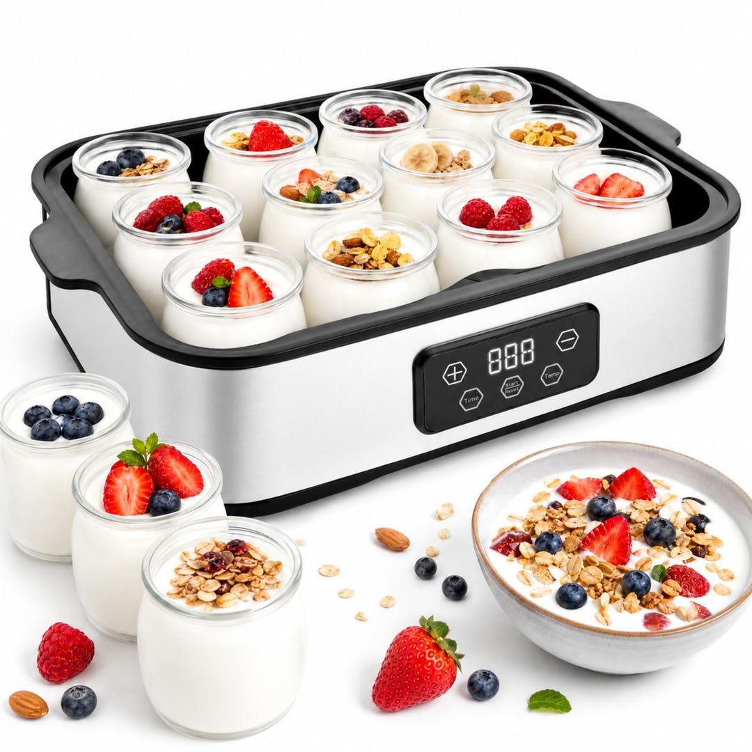 Joghurtbereiter 25W inkl. 12 Gläsern à 180 ml, Joghurtmaschine mit Temperatur und LCD Display Timer,