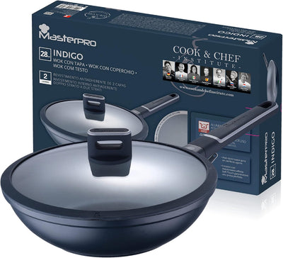 MasterPRO Indigo | Wok mit 28 cm Durchmesser, 8 cm Höhe und Deckel | Aluminiumguss | Maximale Antiha