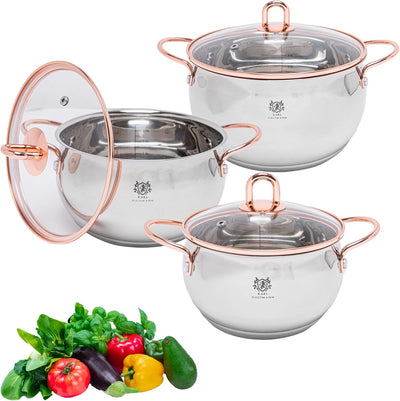 Topfset Induktion 3-teilig, Kochtopf Set mit Glasdeckel, Edelstahl mattiert, Induktions Töpfe Set un