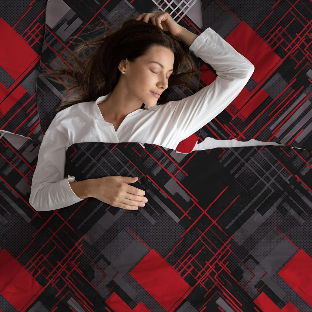 LARAWELL Bettwäsche 135x200 Baumwolle ganzjahres Bettwäsche-Sets rot grau abstrakt geometrisch Premi