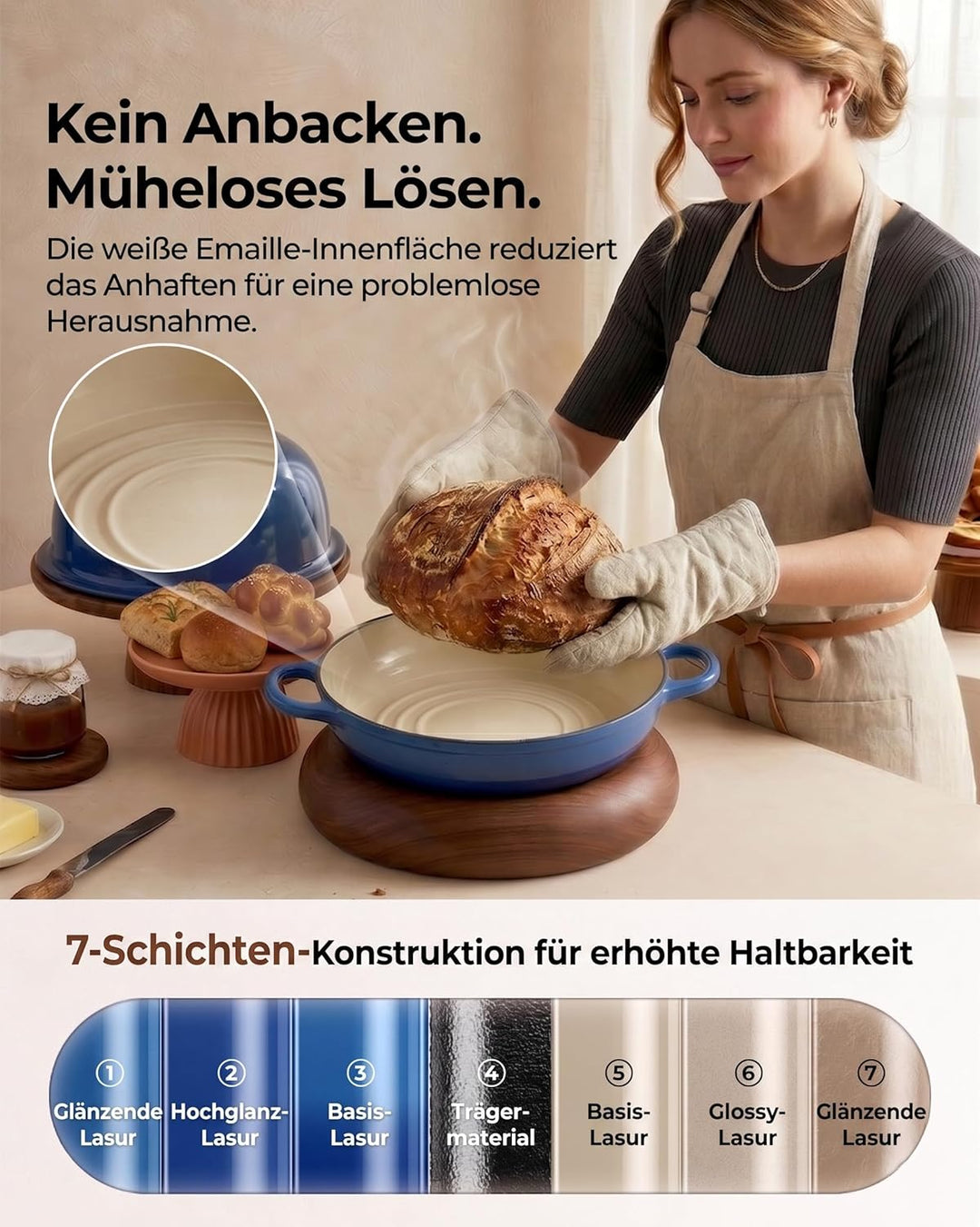 Armorbear Gusseisen Topf Brot Backen, 4,7L Bräter Emaille Schmortopf mit Deckel und Griffen, 24 cm D