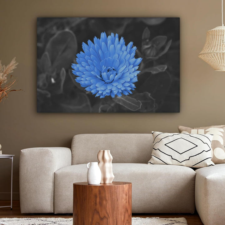 MuchoWow Leinwand Bilder, Einzigartige Wanddeko mit Rahmen, Blumen - Schwarz - Weiss - Blau, Wandbil