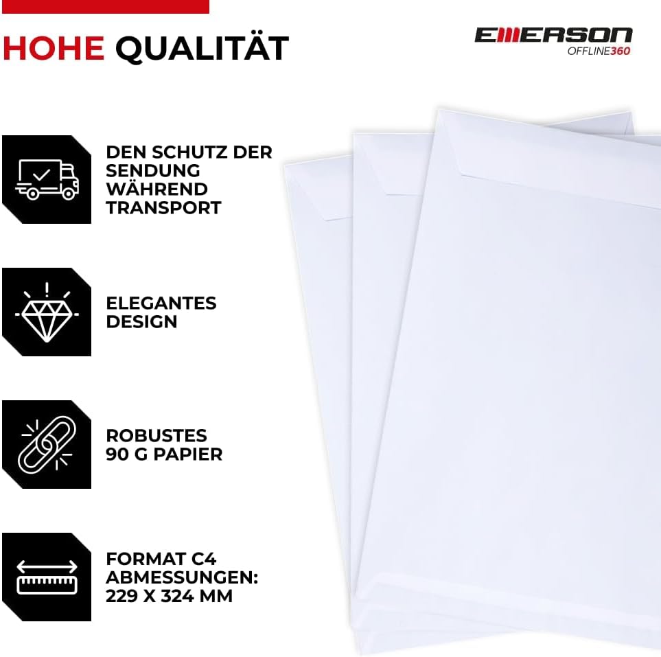 Emerson 250x Versandtasche Weiss DIN C4 229 x 324 mm 90g grosser Briefumschlag a4 ohne Fenster haftk
