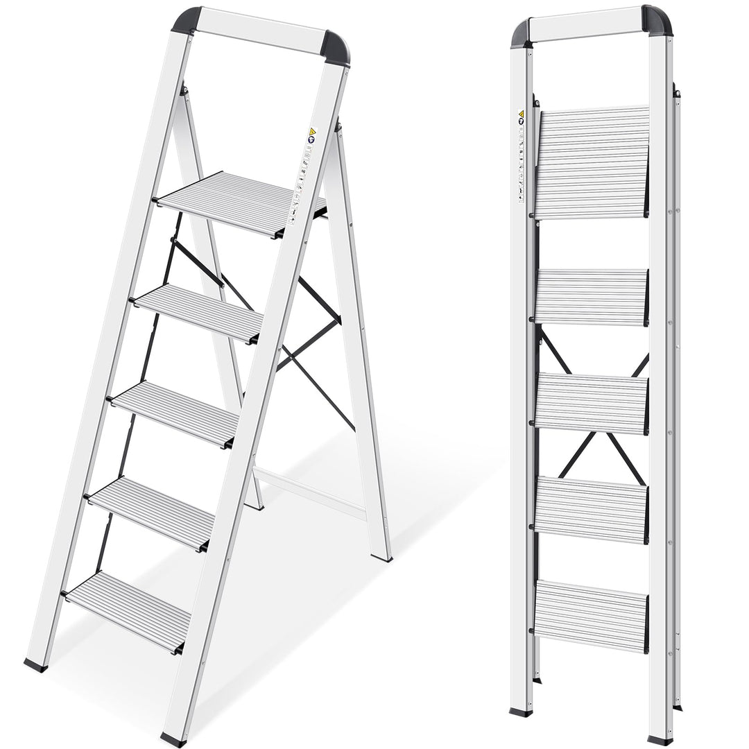 KINGRACK Stufenleiter, 5 Stufen, klappbare Stufenleiter mit Handlauf, rutschfeste Haushaltsleiter mi