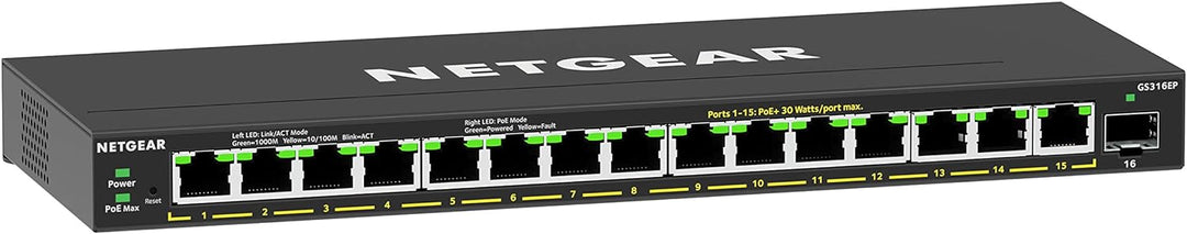 NETGEAR GS316EP Switch 16 Port Gigabit Ethernet LAN PoE Switch Plus (mit 15x PoE+ 180W & 1x SFP, Man