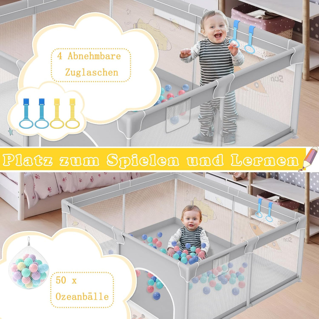 Laufstall 127x127cm Mit 50 Spielbällen, Krabbelgitter Und 4 Zugringen - Tragbarer Baby Playpen, Grau