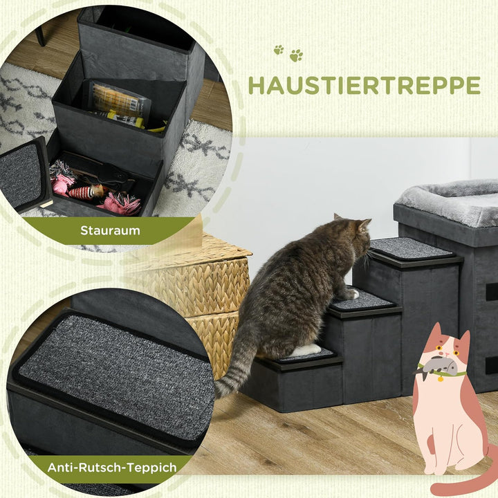PawHut Katzenhöhle Katzenbett mit Kissen, Treppe, 2 Edelstahlnäpfen, Trennwand, Liegefläche, Katzenh