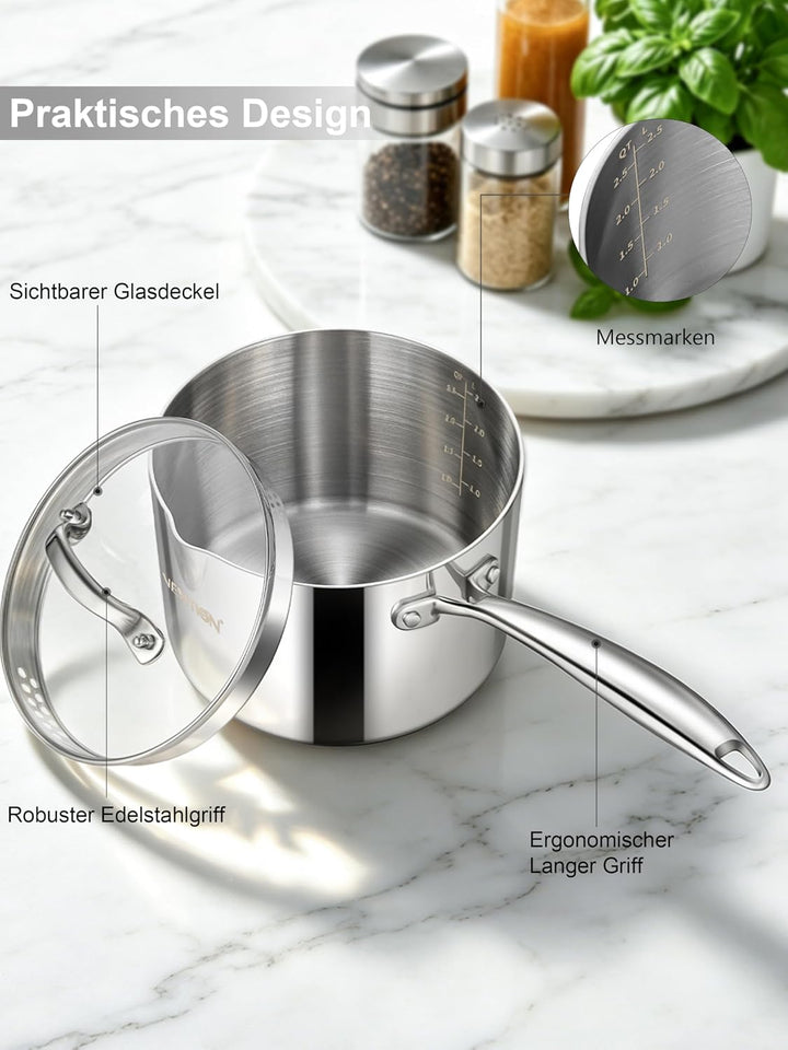 VENTION Stielkasserolle 18 cm mit Deckel Induktion, Stieltopf mit Ausgiesser, 3-Lagiger Edelstahl Ka