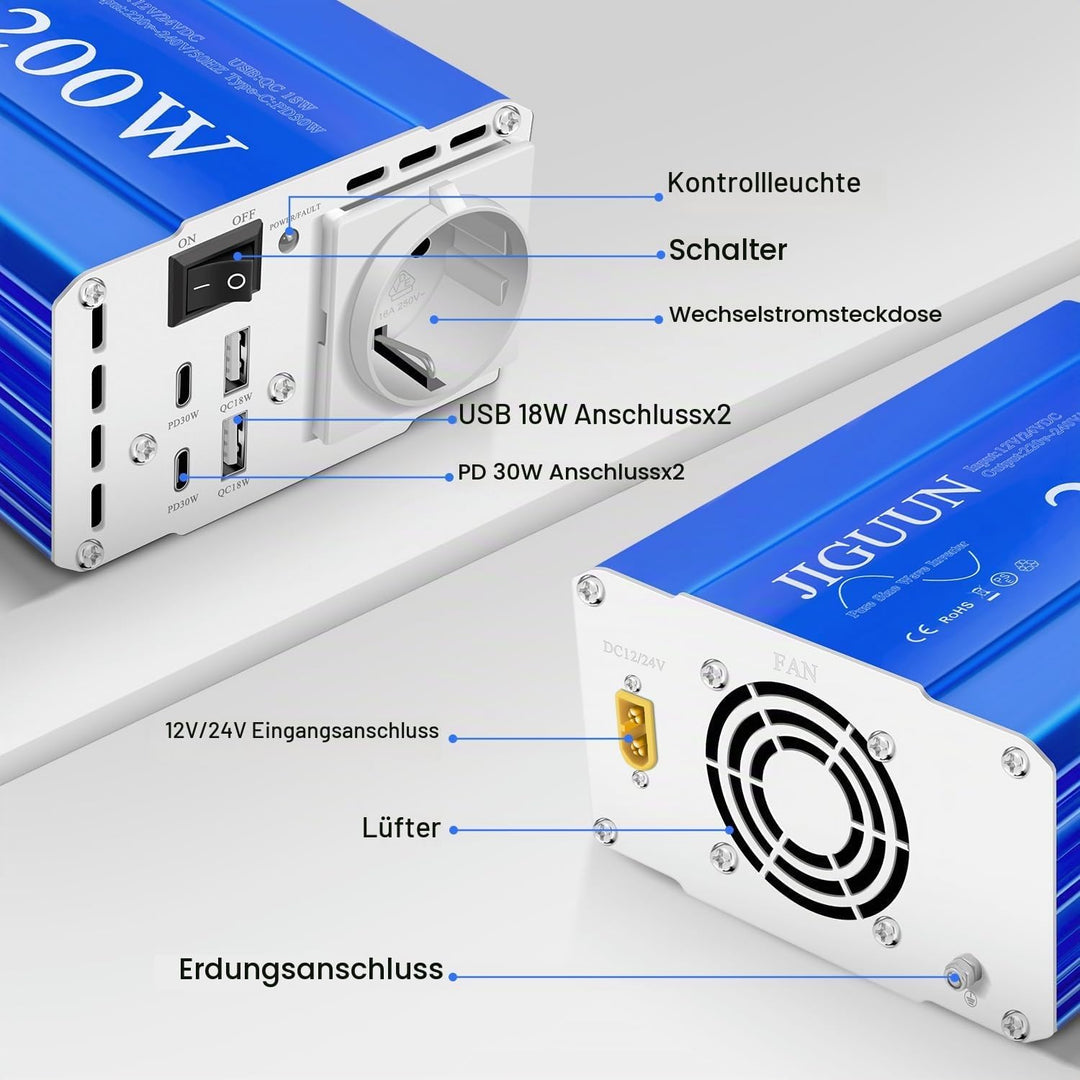 JIGUUN 200W Wechselrichter 12V/24V auf 230V Reiner Sinus Spannungswandler mit EU Steckdose,2 USB,2 T