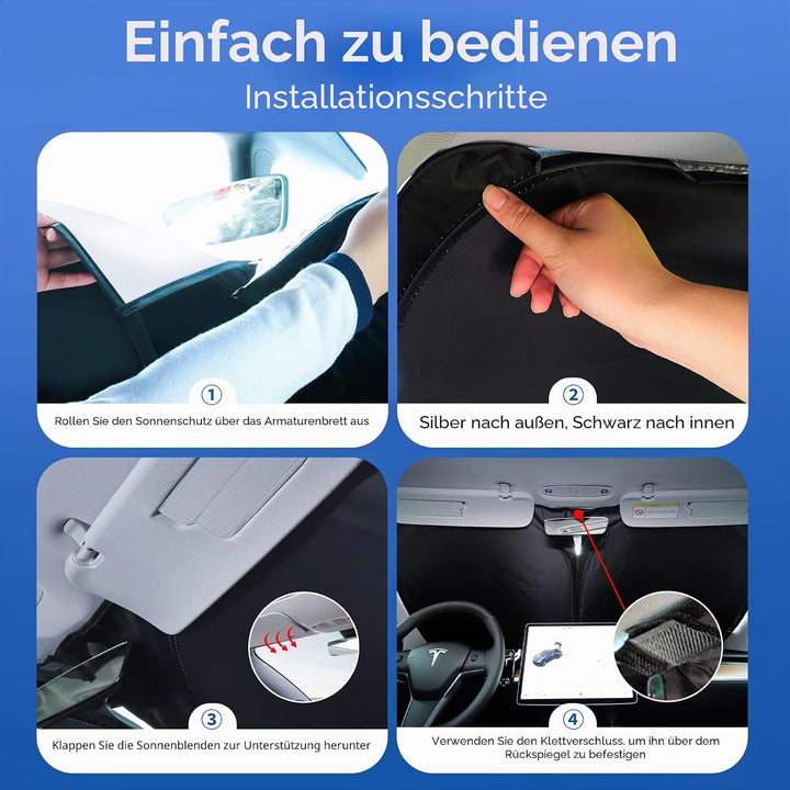 Sonnenschutz exklusiv für Tesla Model 3 / Y, Frontscheibe, Doppellagiges lichtundurchlässiges Gewebe