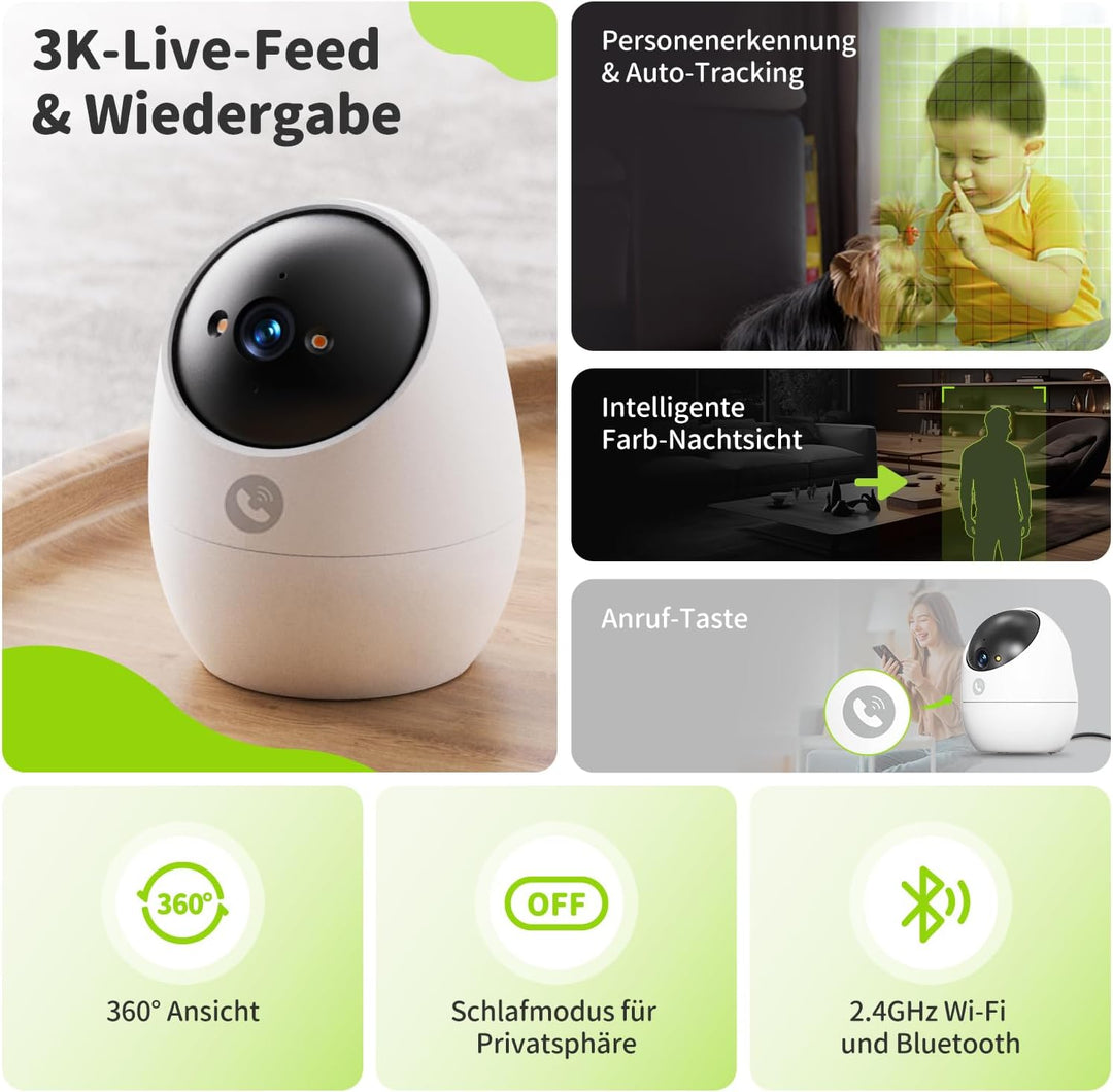 Beans View 3K Innenkamera für Überwachung und Sicherheit, Farb-Nachtsicht, 2,4 GHz WLAN-Kamera für H
