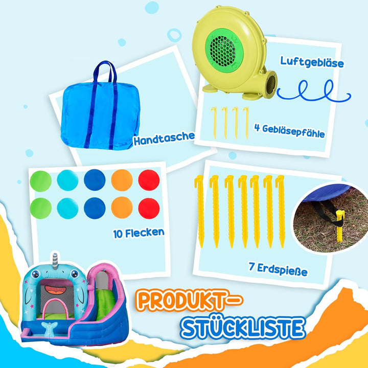 Outsunny Aufblasbare Hüpfburg mit Gebläse, Wasserspielcenter inkl. Sicherheitsnetz, Wasserrutsche, S