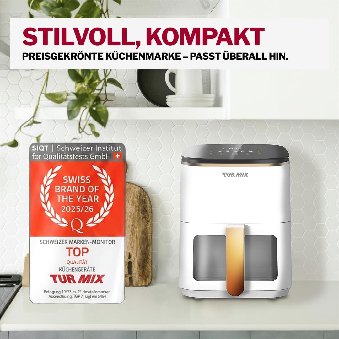 Preisgekrönt Heissluftfritteuse weiss TURMIX CX 250 - Compact 3.5L Airfryer 1350W Transparentes Fens