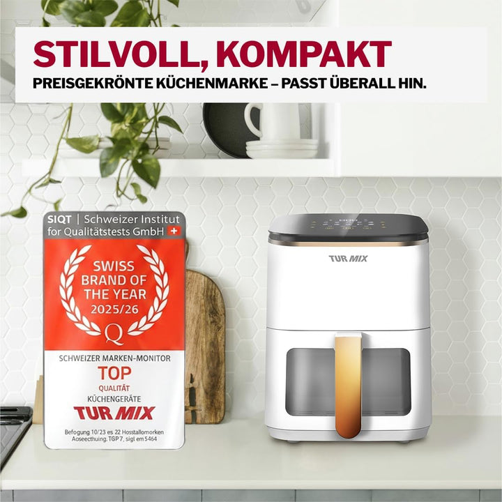 Preisgekrönt Heissluftfritteuse weiss TURMIX CX 250 - Compact 3.5L Airfryer 1350W Transparentes Fens