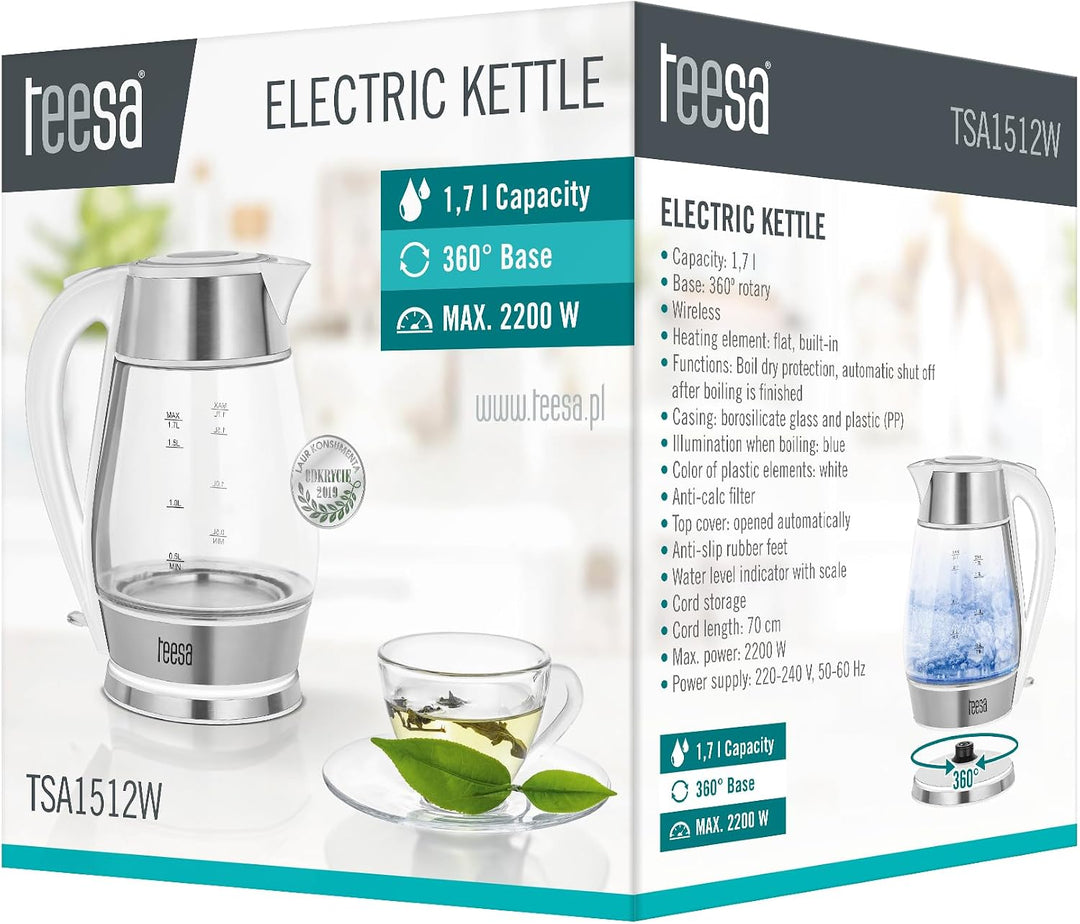 Teesa kabelloser Wasserkocher TSA1512W 1,7 l, Glas, im Betrieb beleuchtet, weiss