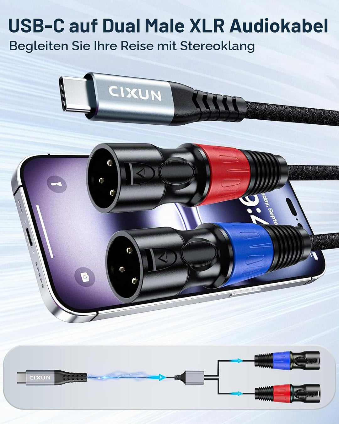 USB C auf Dual XLR Mikrofonkabel Type C auf XLR Male Output Stereo Kabel Kompatibel (1M/3.3Ft), 1M/3