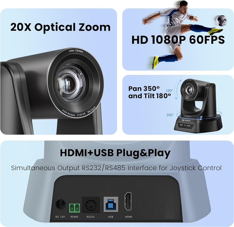 TONGVEO HDMI PTZ-Kamera 20X Optischer Zoom, Kirche Live-Streaming USB 1080P 60fps Kamera für Gottesd