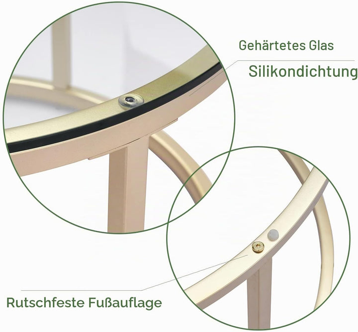 Gold Couchtisch Glas, Couchtisch 2er Set mit 1 Grosser Couchtisch Rund und 1 Kleiner Tisch, Beistell