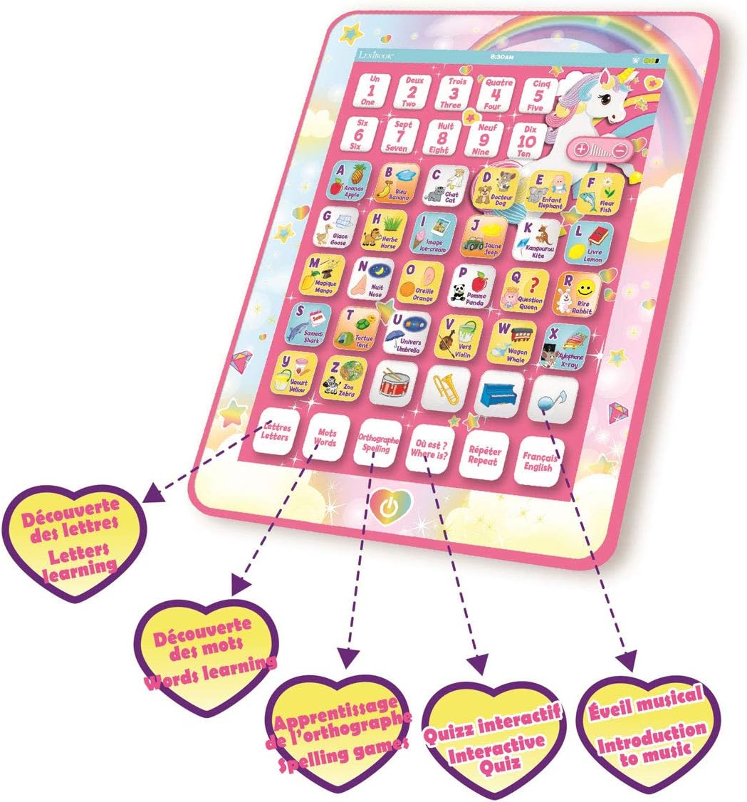 Lexibook JCPAD002UNIi1 Bilingual Unicorn Learning Tablet - Vocabulary and Music - Pink - JCPAD002UNI