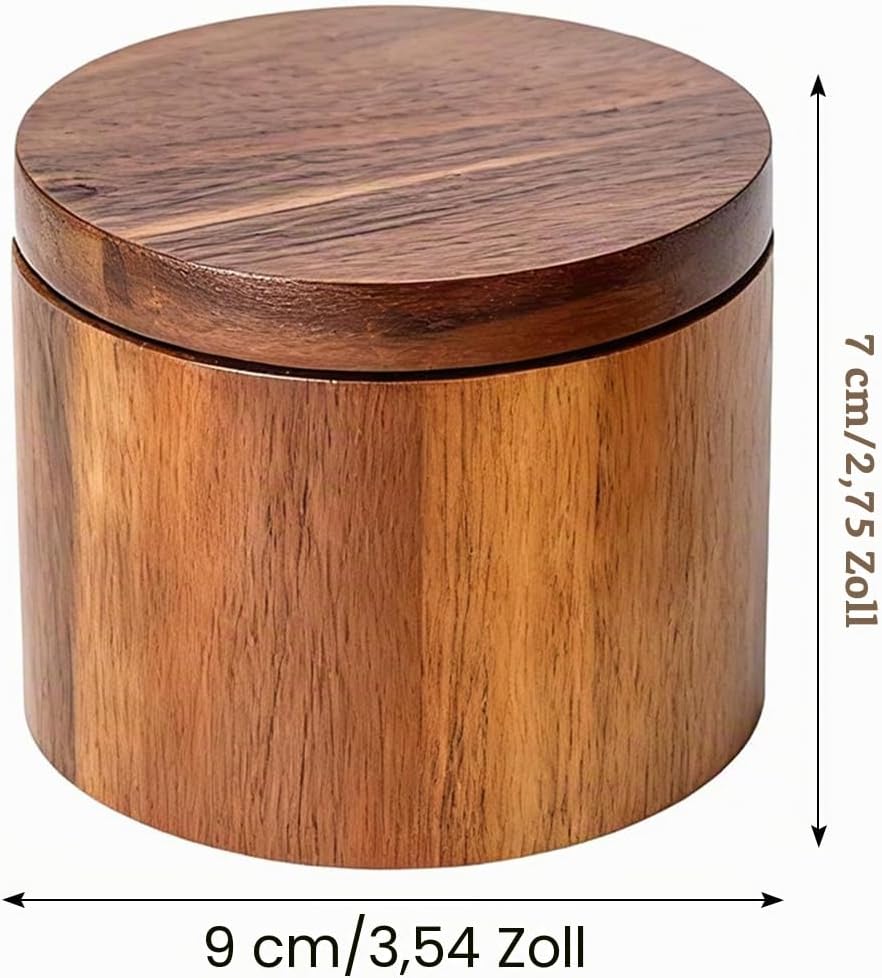 Acacia Holz Salzdose, Salzbehälter mit Deckel Holz, Schwenkdeckel, Salztopf mit Deckel und Löffel, G