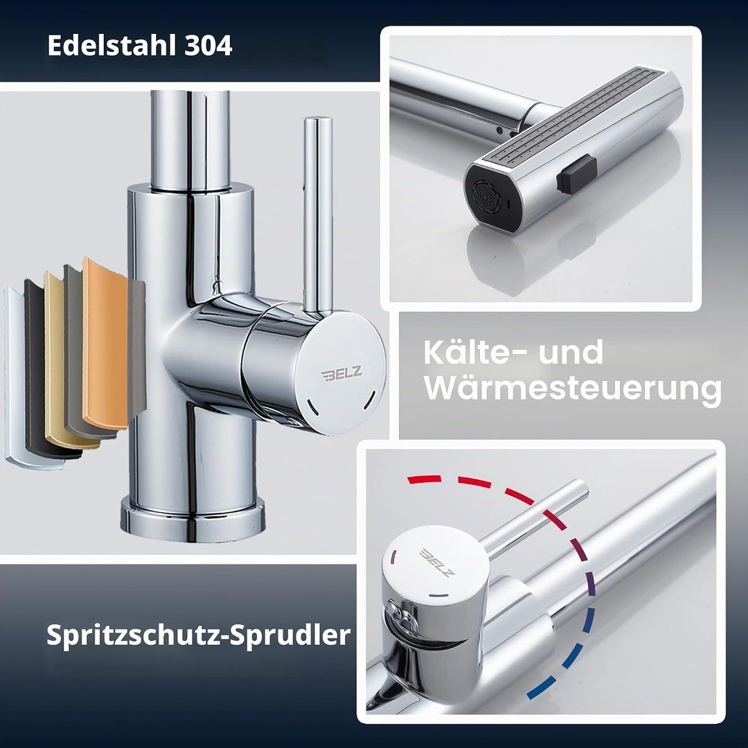 BELZ Wasserhahn Küche mit Herausziehbarer Brause, 3 Strahlarten, 360° Schwenkbarer Spültischarmatur,