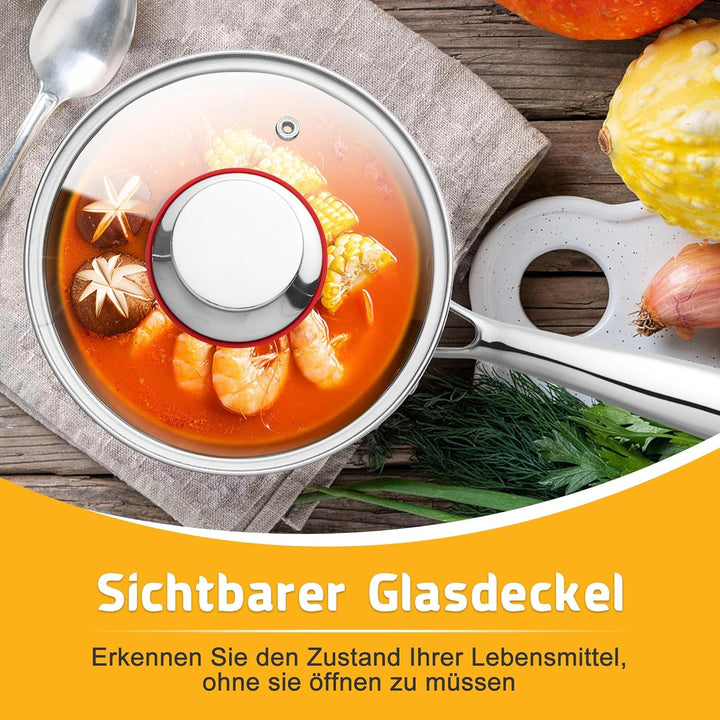 Joyfair Stielkasserolle, 14cm Premium 3-Lagiger Edelstahl Milchtopf Induktion mit Deckel, 1,2 Liter