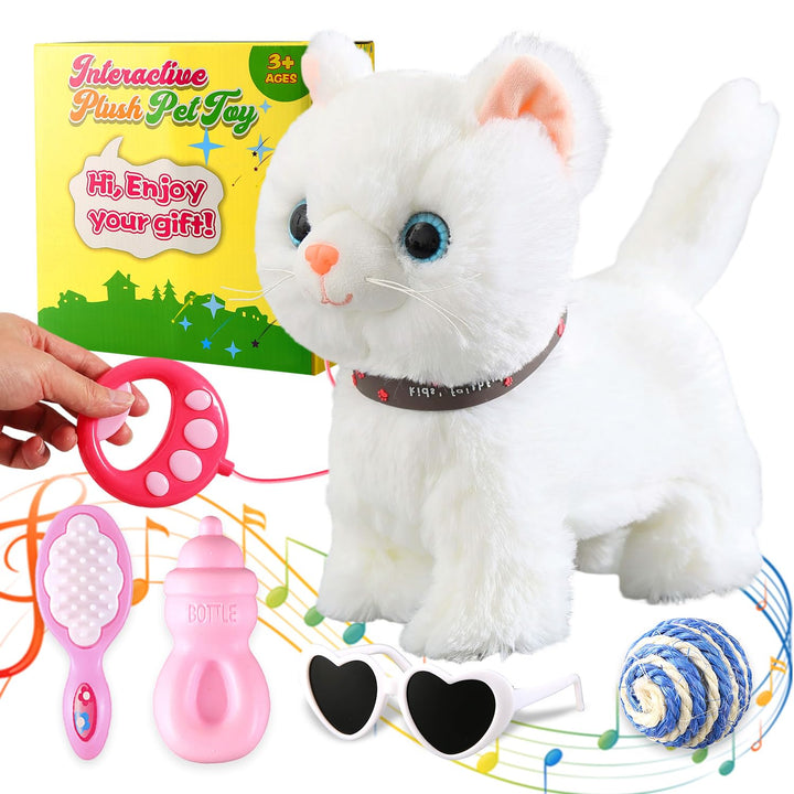 Marsjoy Weisse Leine, laufende Katze, singend, schnurrt und miaut, animiertes Plüschroboter-Kätzchen