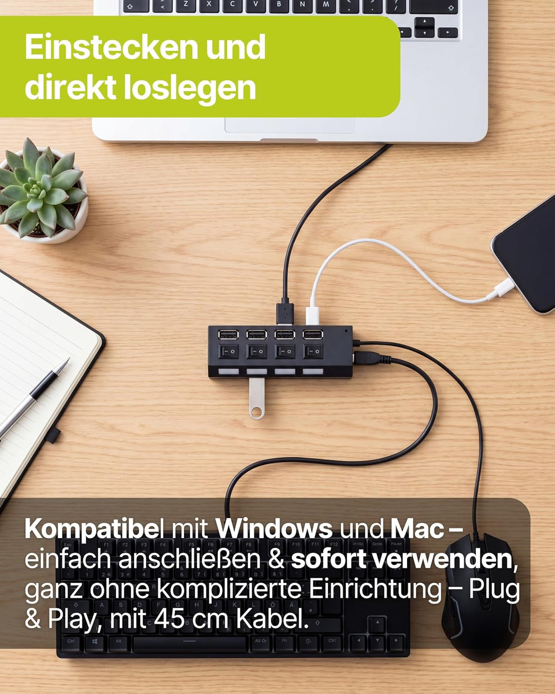 SCHWAIGER UH4 013 USB Hub USB-Verteiler Leiste 4-Fach USB 2.0A HighSpeed 480 Mbit/s Steckerleiste LE