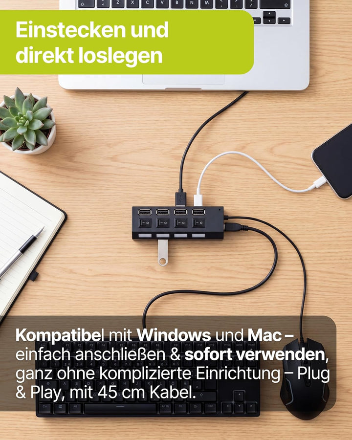 SCHWAIGER UH4 013 USB Hub USB-Verteiler Leiste 4-Fach USB 2.0A HighSpeed 480 Mbit/s Steckerleiste LE