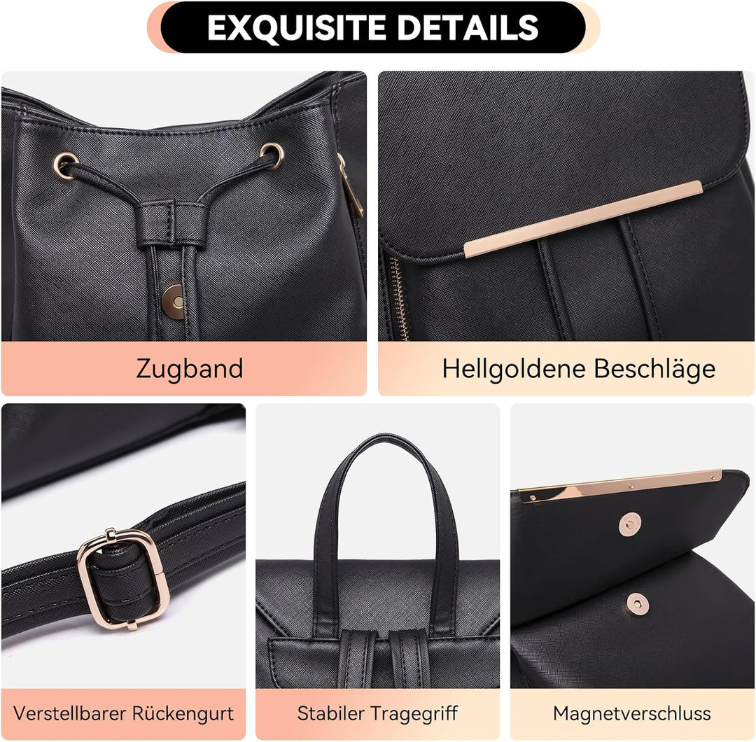 Miss Lulu Rucksack Damen Kunstleder Rucksack Damen Elegant Rolltop Rucksack Damen Tunnelzug-Design C