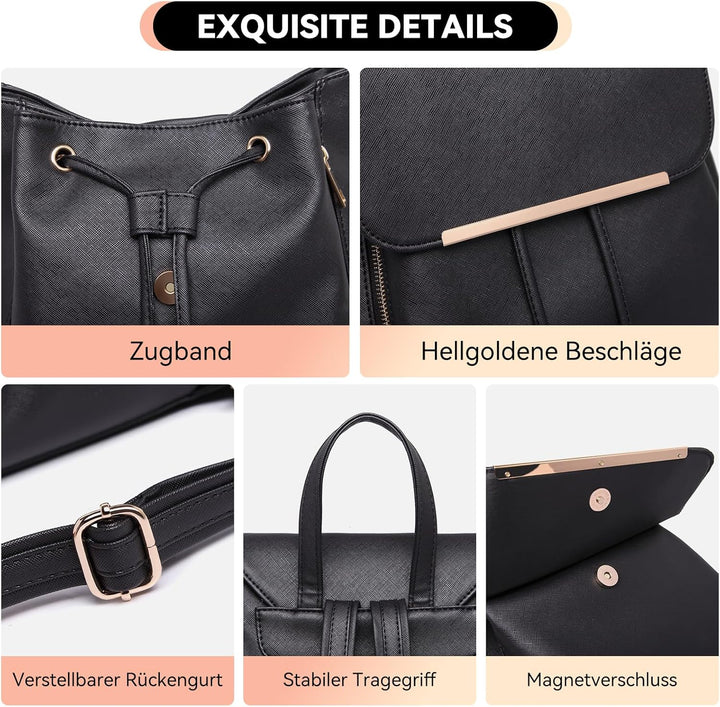 Miss Lulu Rucksack Damen Kunstleder Rucksack Damen Elegant Rolltop Rucksack Damen Tunnelzug-Design C