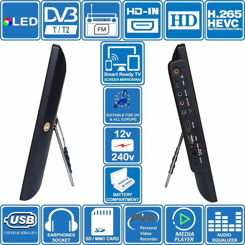 Unispectra ® 14 Zoll Smart Ready Fernseher Klein 230v (Volt) 12v TV DVBT2 und FM Receiver, USB, HDMI