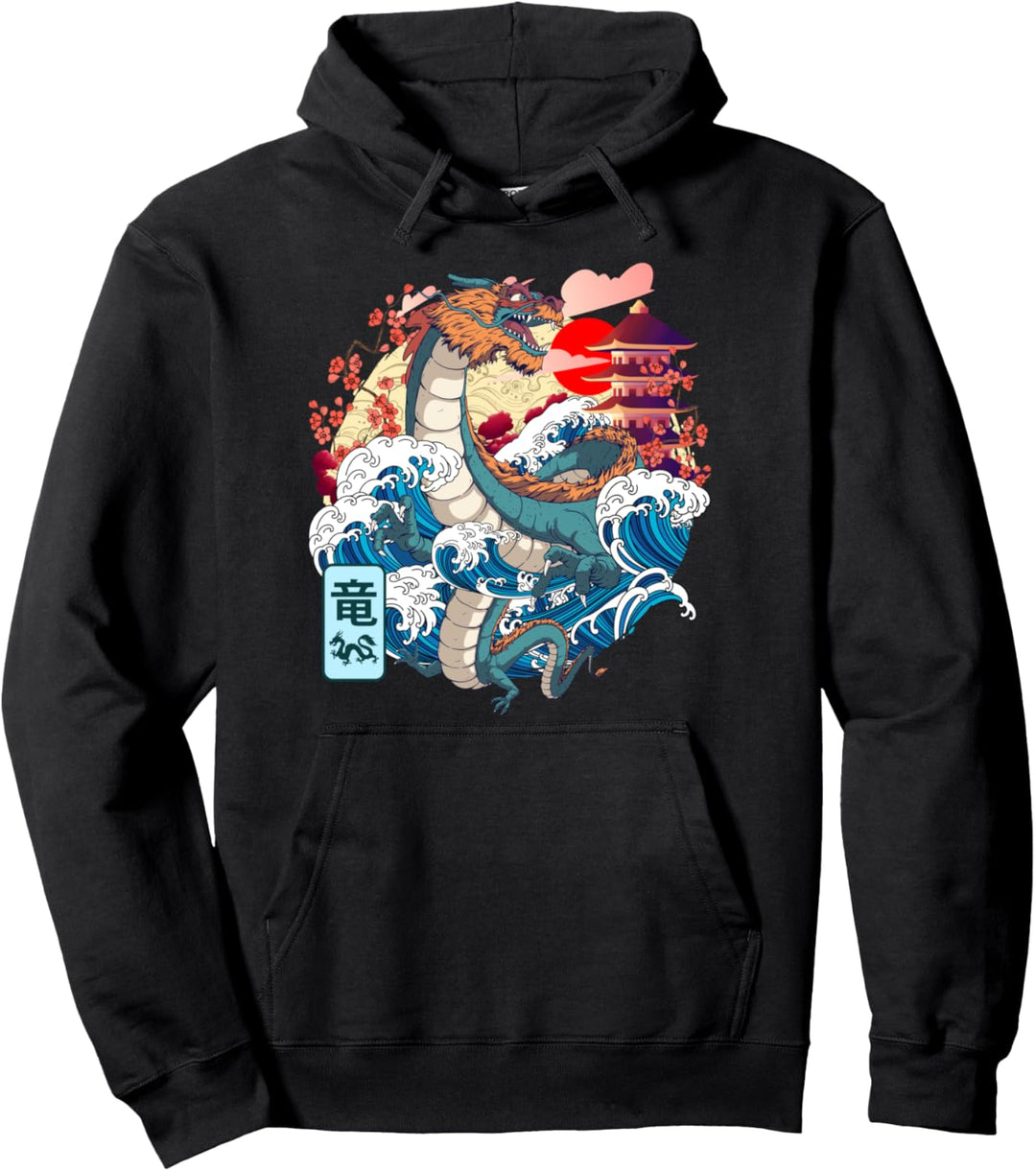 Japanischer Drache, grosse Welle Kanagawa Japanische Vintage-Kunst Pullover Hoodie