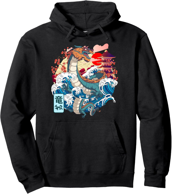 Japanischer Drache, grosse Welle Kanagawa Japanische Vintage-Kunst Pullover Hoodie