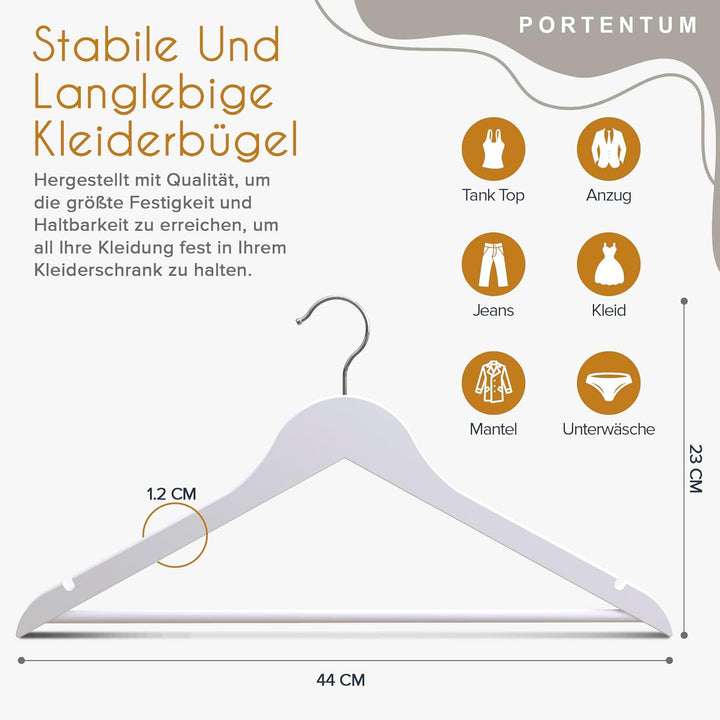 PORTENTUM Kleiderbügel aus Holz, 20 Stück, Weiss. Für alle Kleidung, 360º Drehbarer Haken, Hosenbüge
