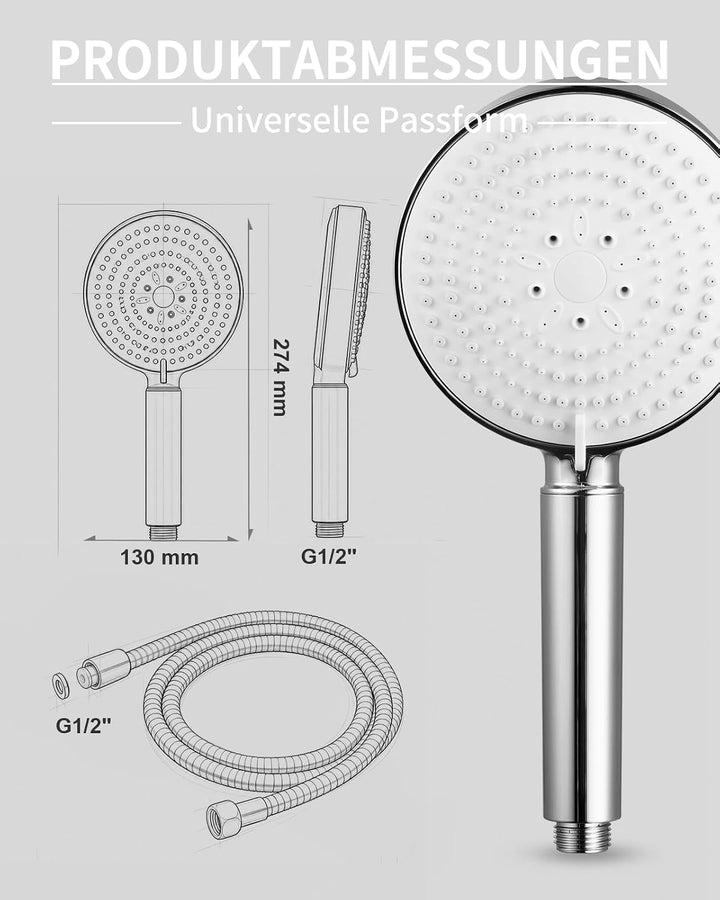 OFFO Duschkopf mit Schlauch 1,6m mit Verdrehschutz, Handbrause mit Filter 6 Strahlarten, Duschkopf G