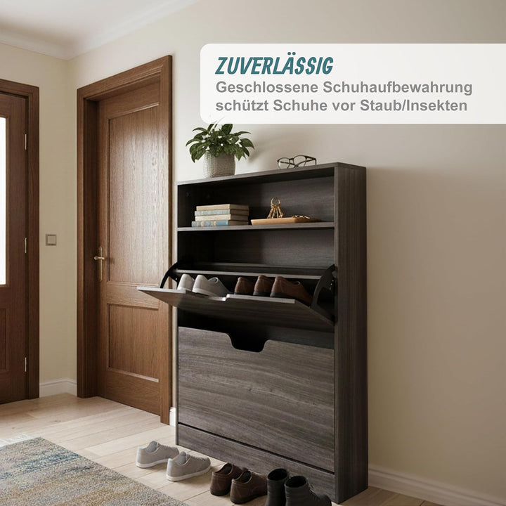 Relaxdays Schuhschrank mit Ablage, HBT 102x80x24 cm, für 12 Paar, 2 Klappen, Flur, schmaler Schuhkip