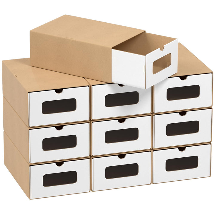 10x Schuhaufbewahrung WEISS/BRAUN mit Sichtfenster – Faltbare Aufbewahrungsbox 35×23×13,5 cm Stapelb