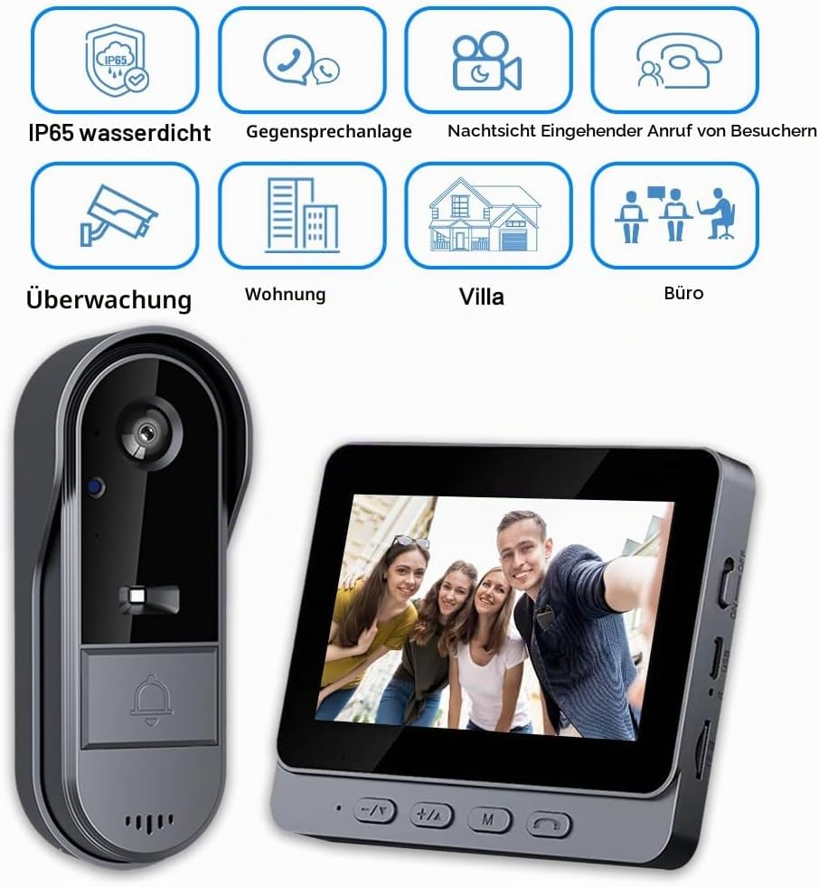 TKMARS Drahtlos Türklingel mit Kamera, 1080P wasserdichte IP67-Video-Türklingel mit 4,3 Zoll Bildsch