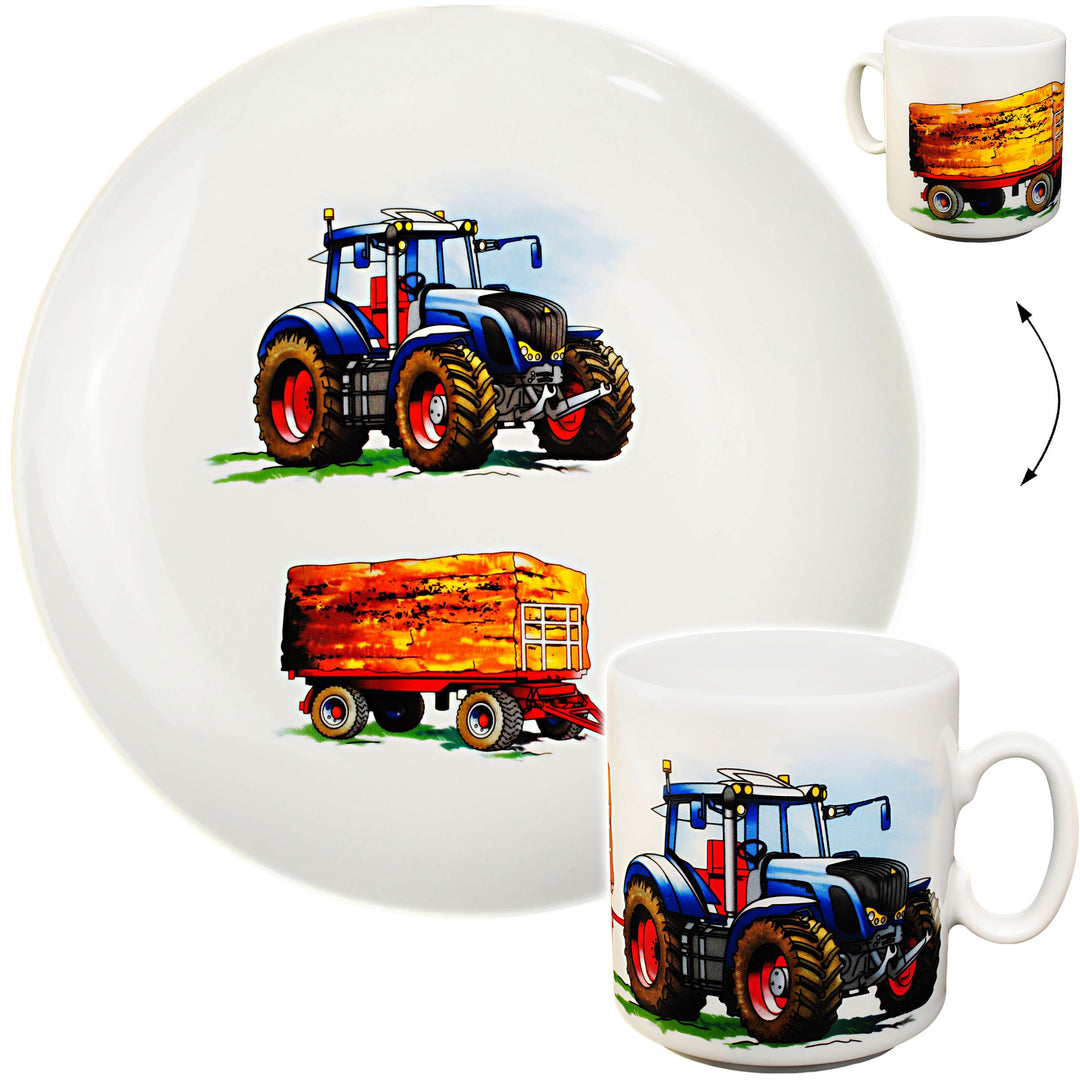 alles-meine.de GmbH 2 TLG. Set grosser Teller/Kinderteller + Henkeltasse - Traktor - Trecker mit Anh