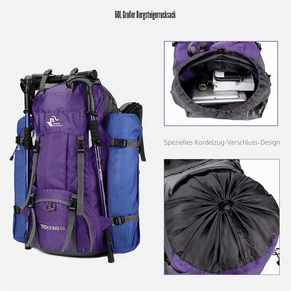 Bseash 60L Wasserdichter leichter Wanderrucksack mit Regenschutz, Outdoor Sport Tagesrucksack Multif