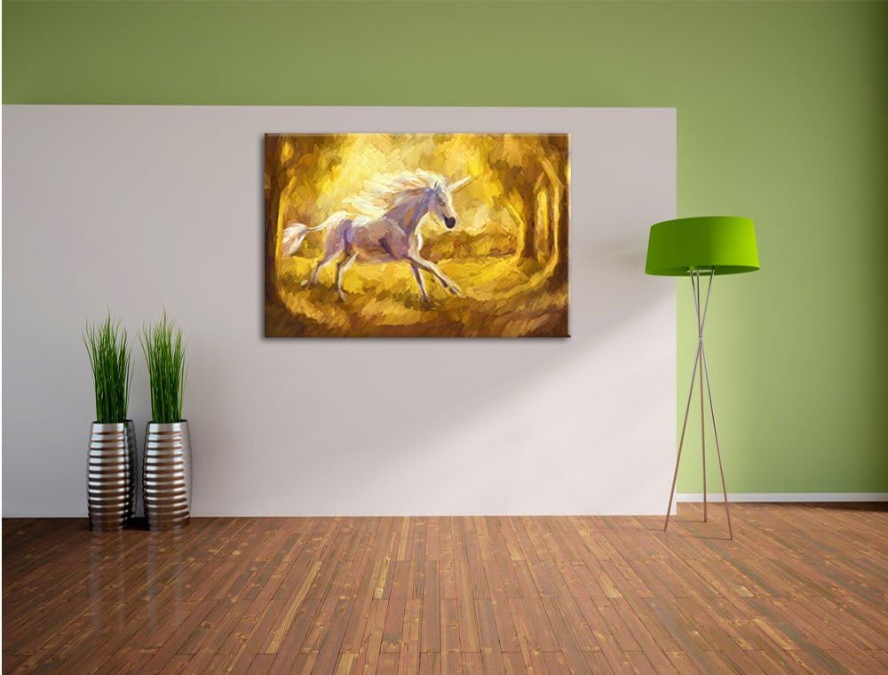 Pixxprint Einhorn im Wald / 100x70cm Leinwandbild bespannt auf Holzrahmen/Wandbild Kunstdruck Dekora